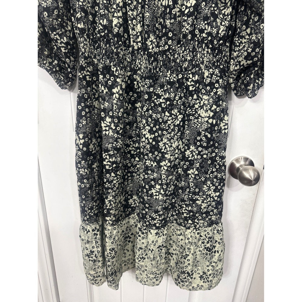 Knox Rose Black Green Floral Smocked Waist Midi Dress Womens Medium Boho Ruffle - Picture 4 of 12